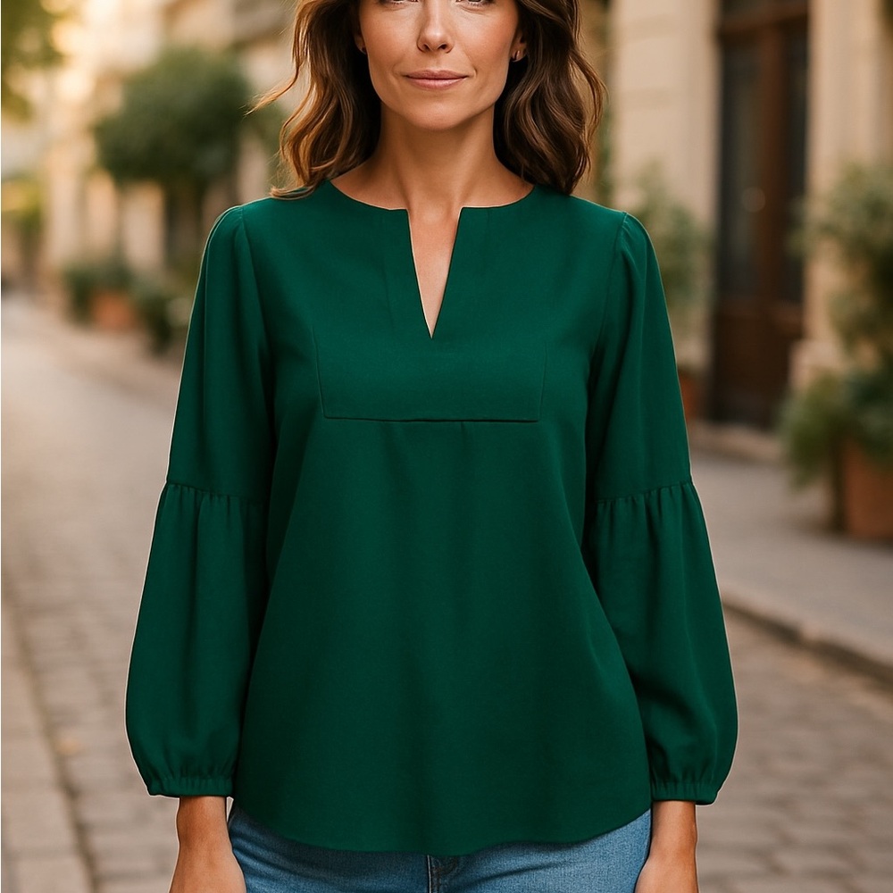 Banana Republic Deep Green Split V-Neck Puff Sleeve Blouse